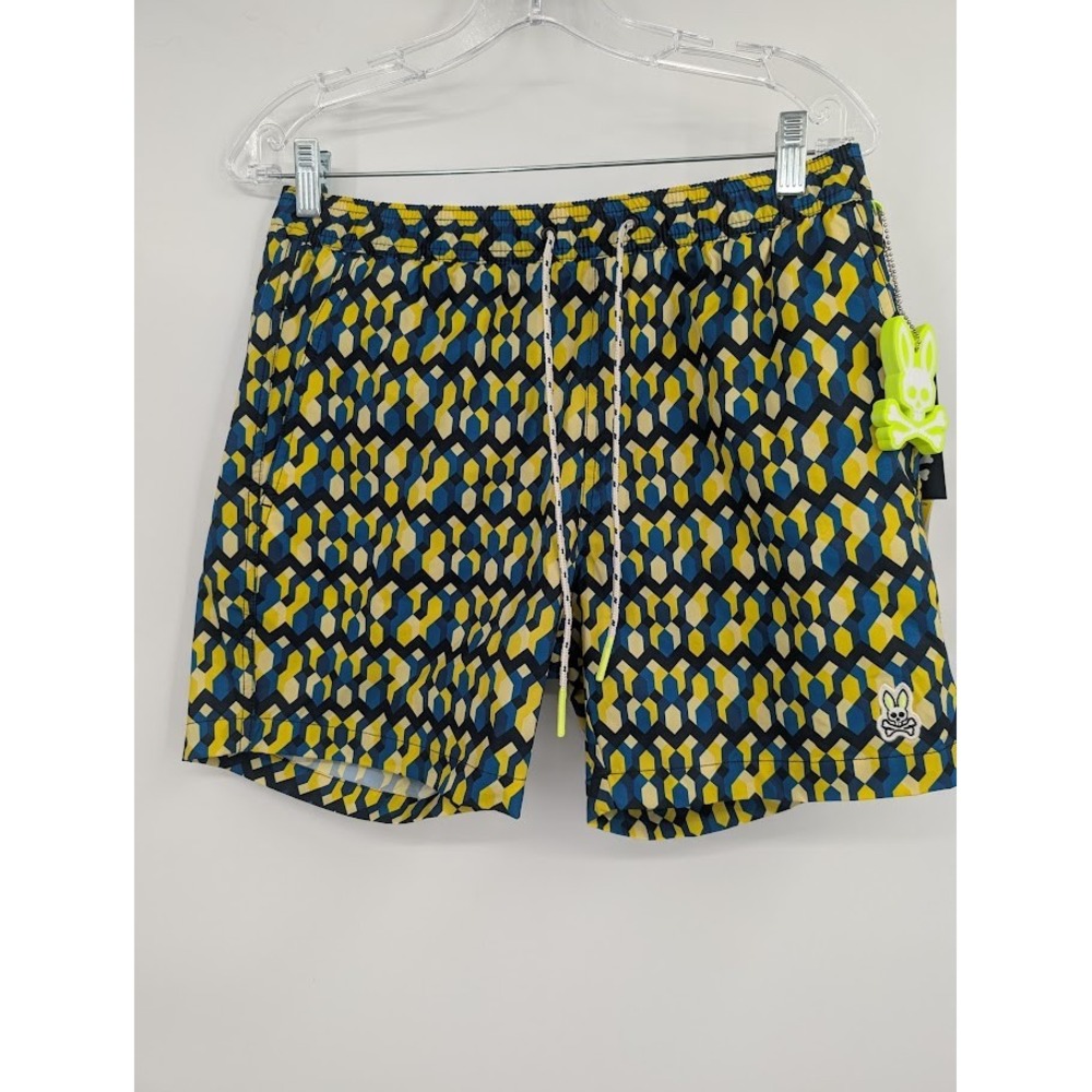 Psycho Bunny Everett Swim Trunks Men's Small NWT Yellow Blue Geometric Print